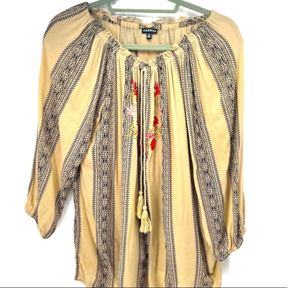 Hannah Blouse Boho Embroidery Floral Tan Tassel Festival Stripe Pattern Med